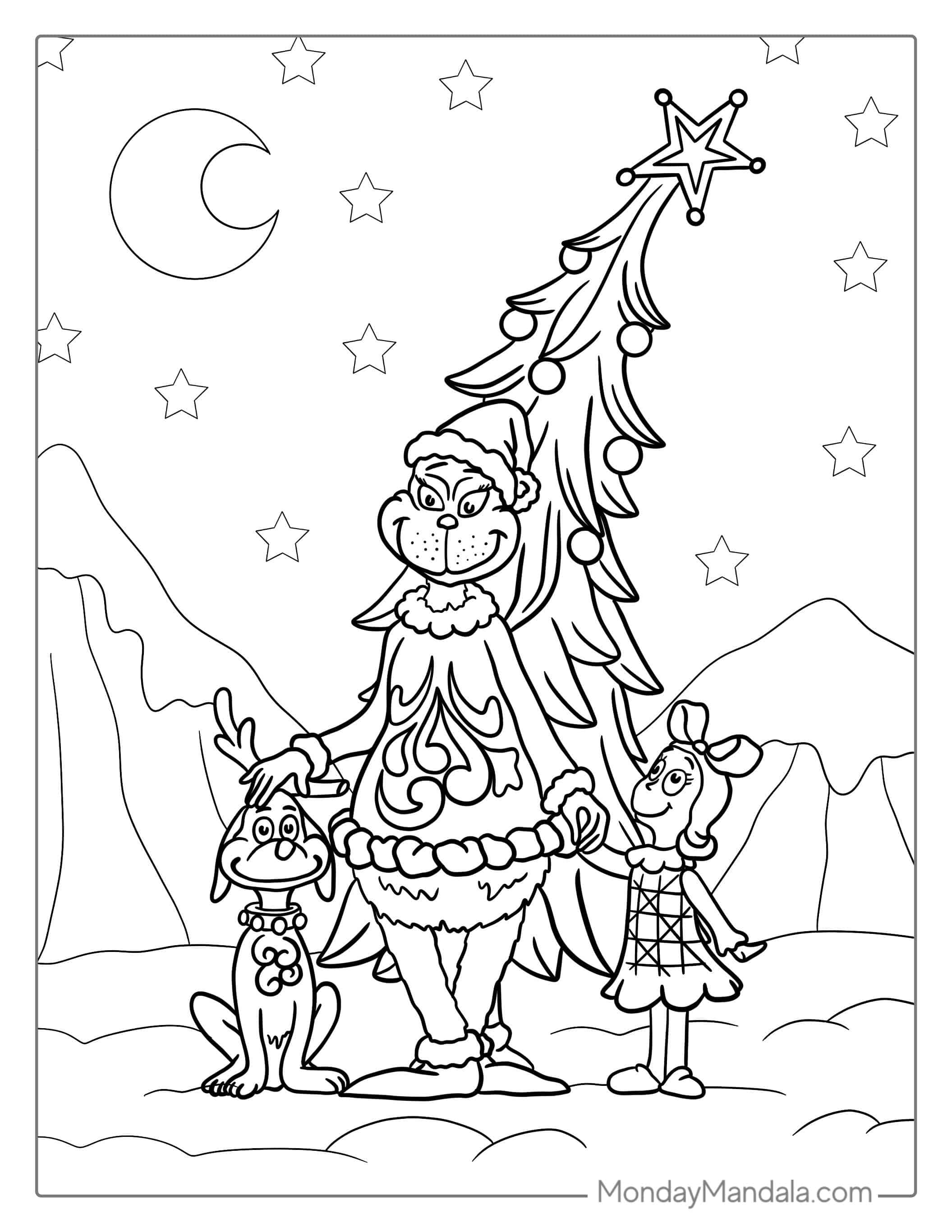 Easy Coloring Page Of The Grinch, Max And Cindy Lou coloring page — printable line art