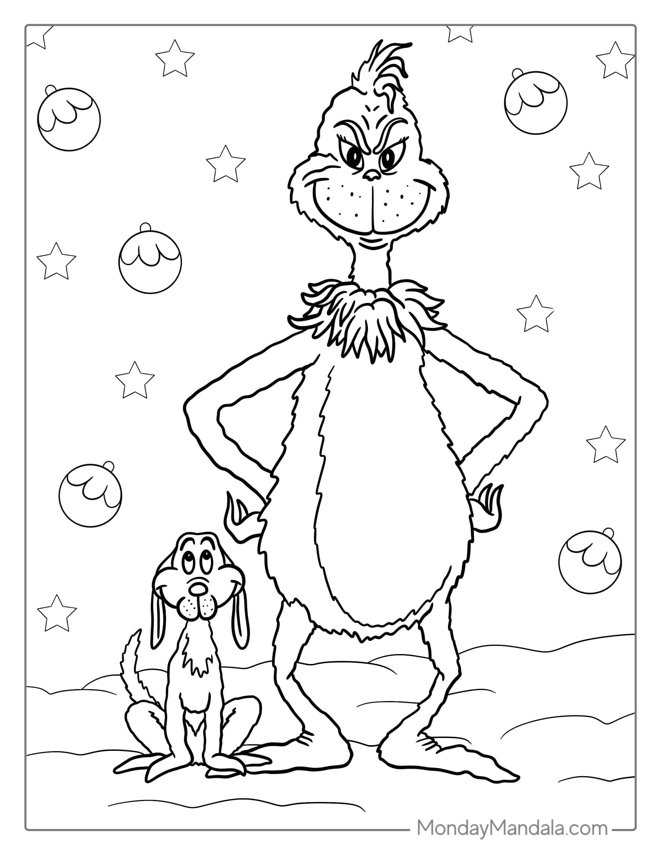 Easy Grinch Coloring Picture With Max coloring page — printable line art