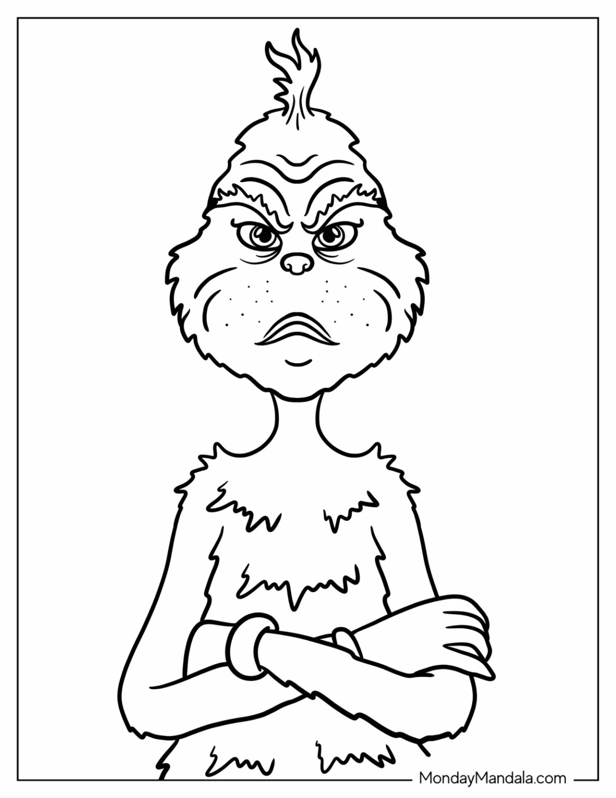 Easy Grinch With His Arms Crossed Coloring Sheet For Kids coloring page — printable line art