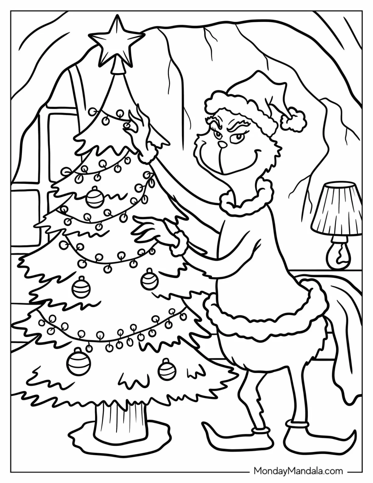 Grinch Decorating His Christmas Tree Coloring Page coloring page — printable line art