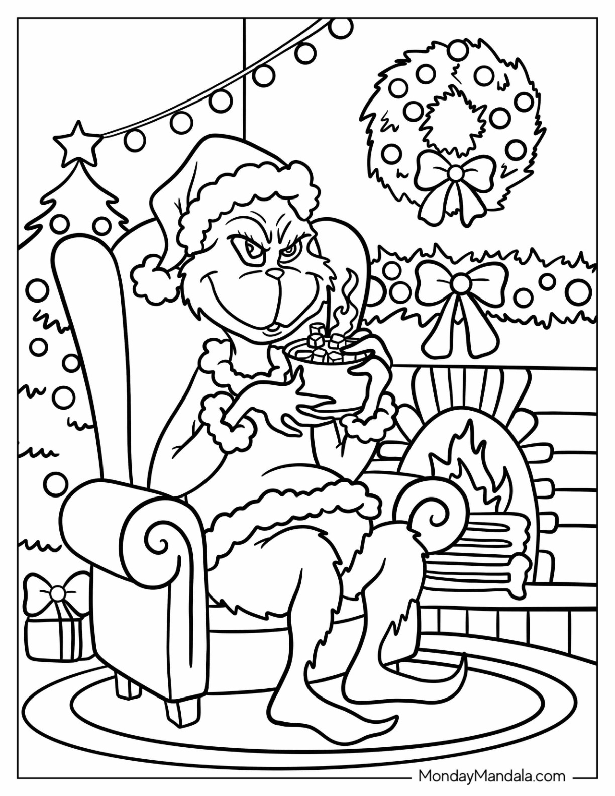Grinch Drinking Hot Chocolate On Christmas Coloring Page coloring page — printable line art