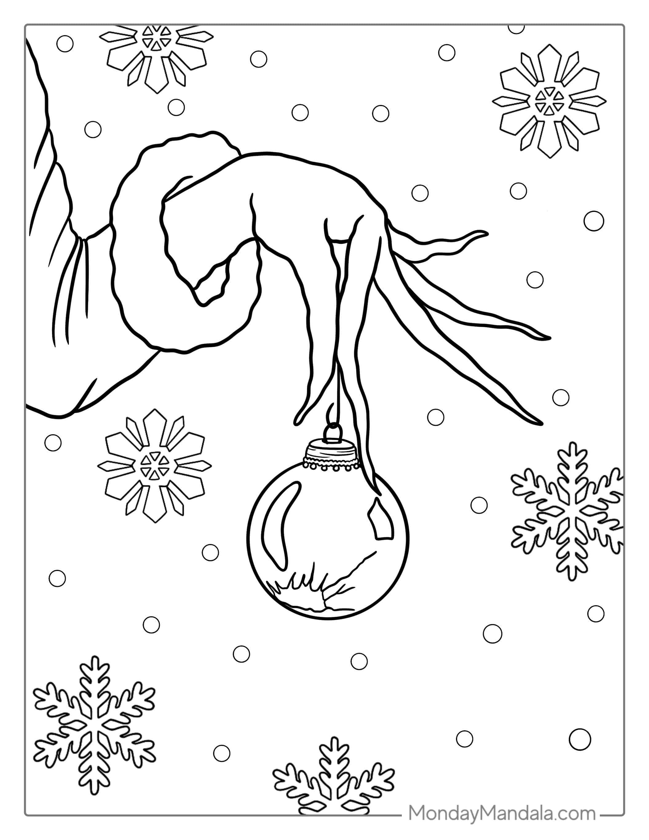 Grinch Hand Holding Christmas Ornament To Color coloring page — printable line art