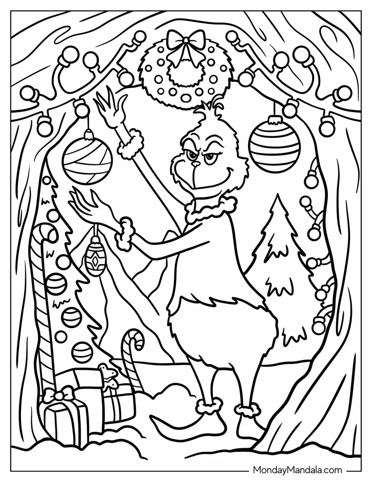 Grinch Hanging Christmas Baubles Coloring Sheet coloring page — printable line art