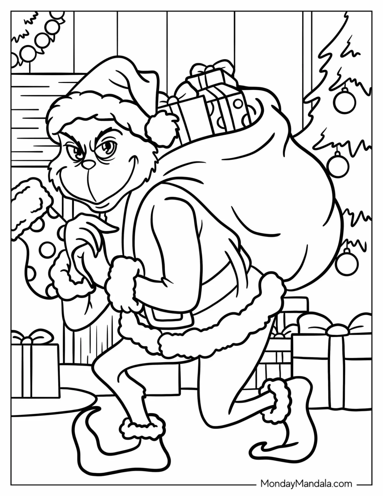 Grinch In Santa Clothes Hauling A Bag Of Presents coloring page — printable line art
