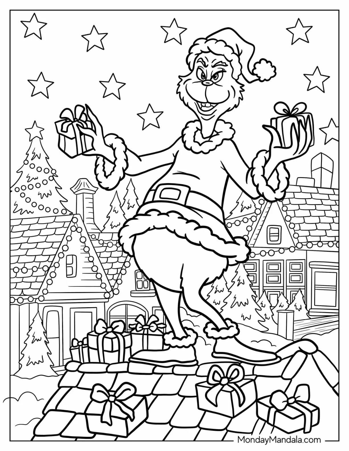 Grinch In Santa Outfit Holding Presents Coloring Page coloring page — printable line art