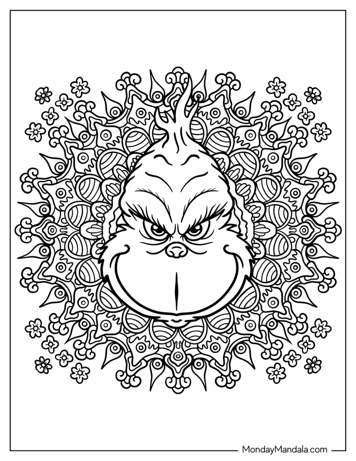 Grinch s Smirking Face At The Center Of An Intricate Mandala coloring page — printable line art