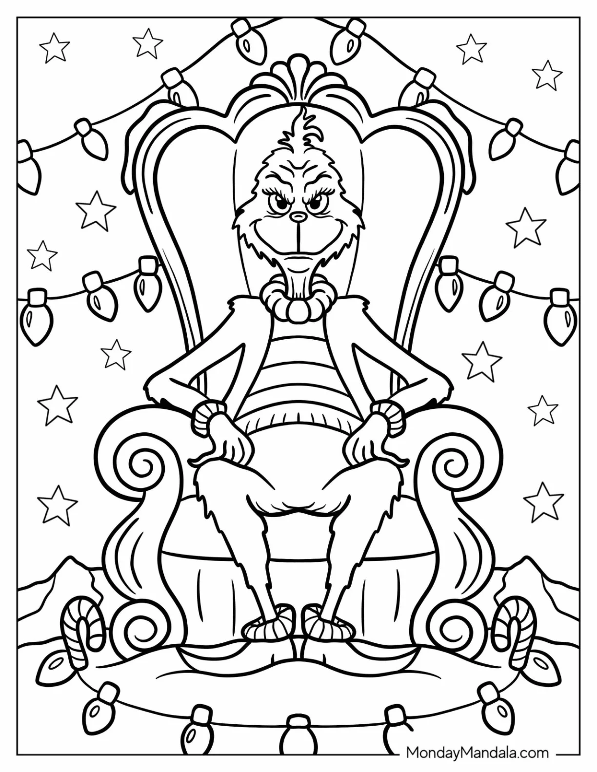 Grinch Sitting On An Armchair Surrounded By Christmas Lights coloring page — printable line art