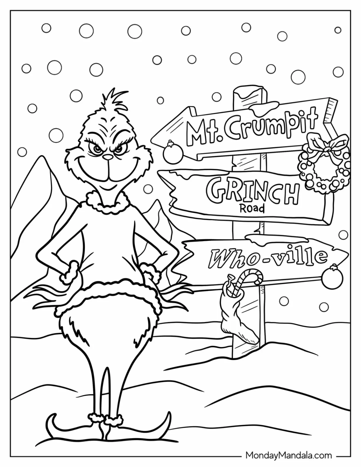 Grinch Standing In Front Of Wooden Signage Coloring Sheet coloring page — printable line art