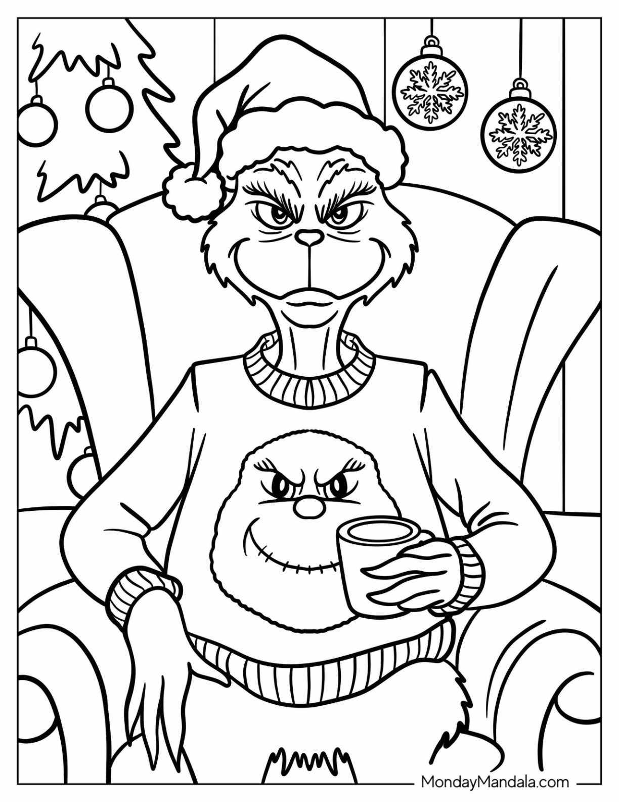 Grinch Wearing A Sweater With His Face And Holding A Cup Of Tea coloring page — printable line art