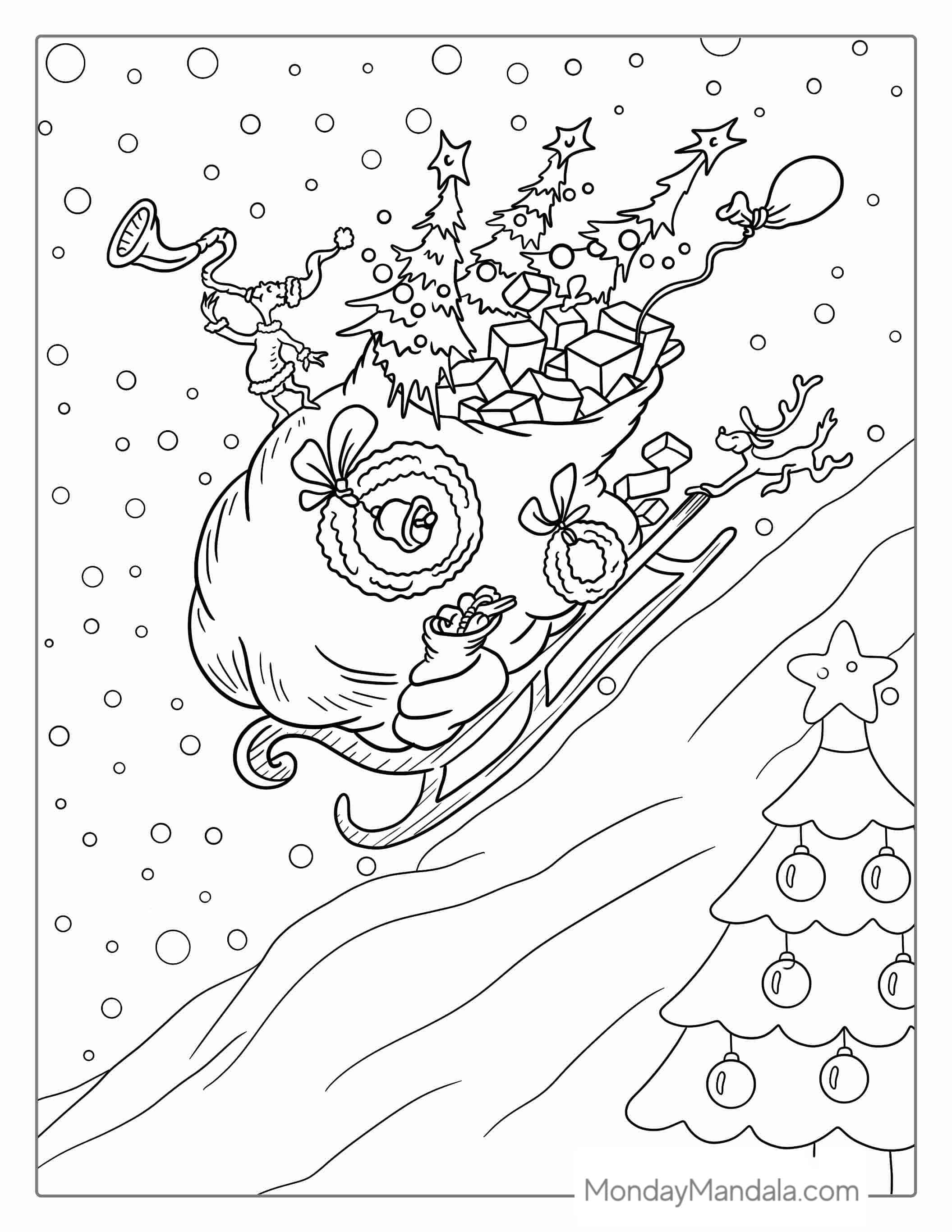 Grinch With Sleigh Full Of Presents To Color coloring page — printable line art