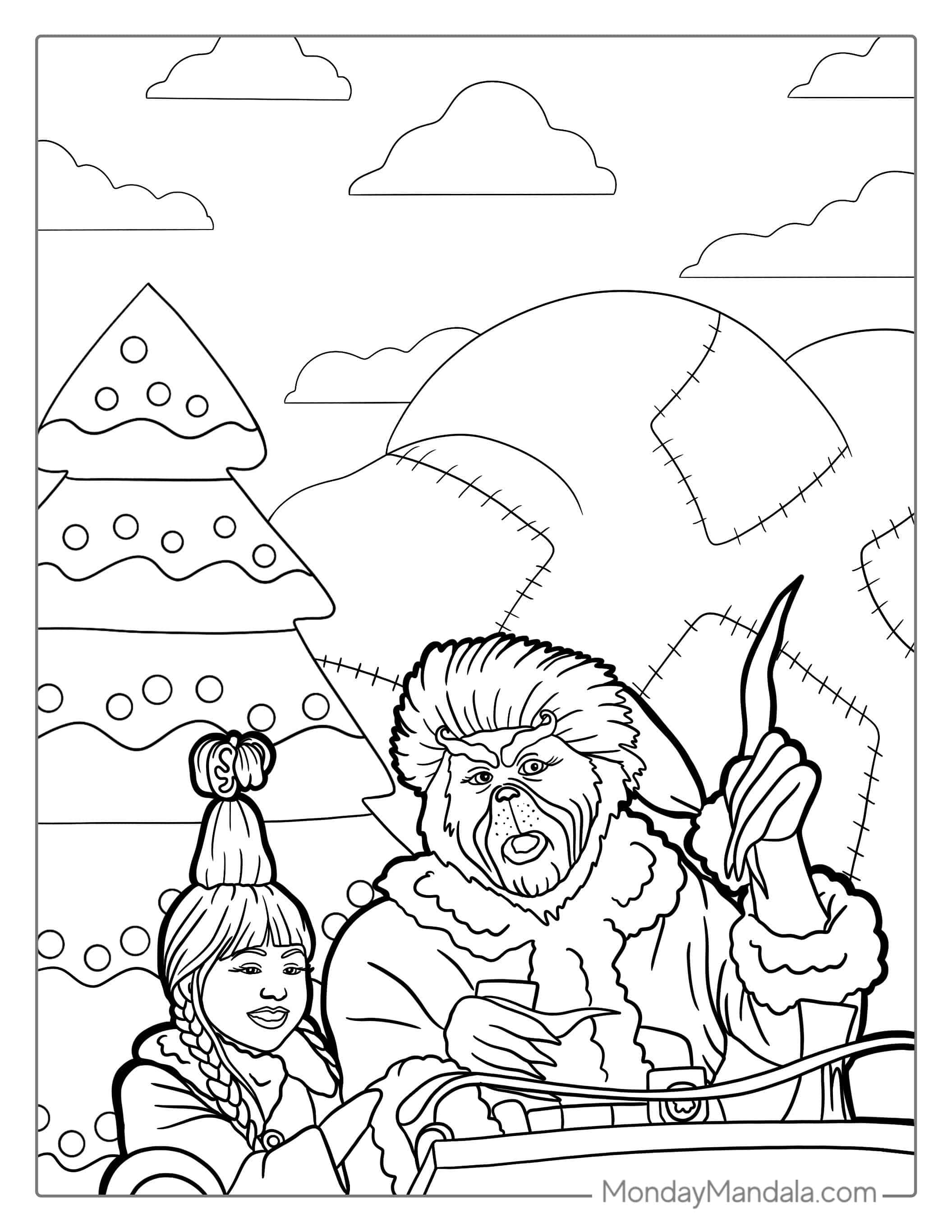 Happy Grinch And Cindy Lou On a Sleigh To Color coloring page