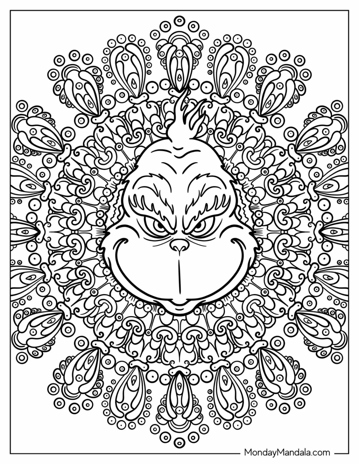 Mischievous Grinch At The Center Of A Flower Mandala coloring page — printable line art