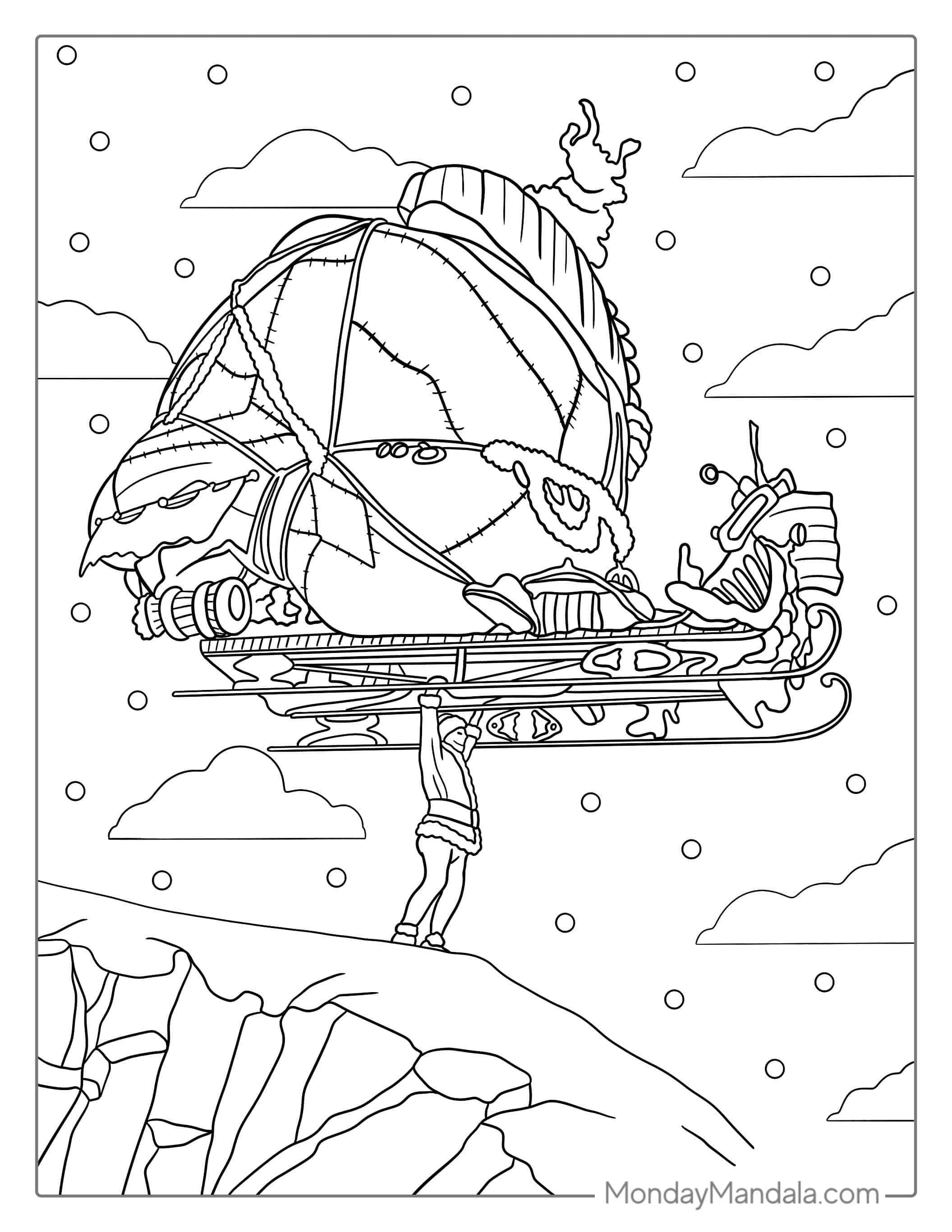 The Grinch Holding Up Santas Sleigh Coloring Page coloring page — printable line art