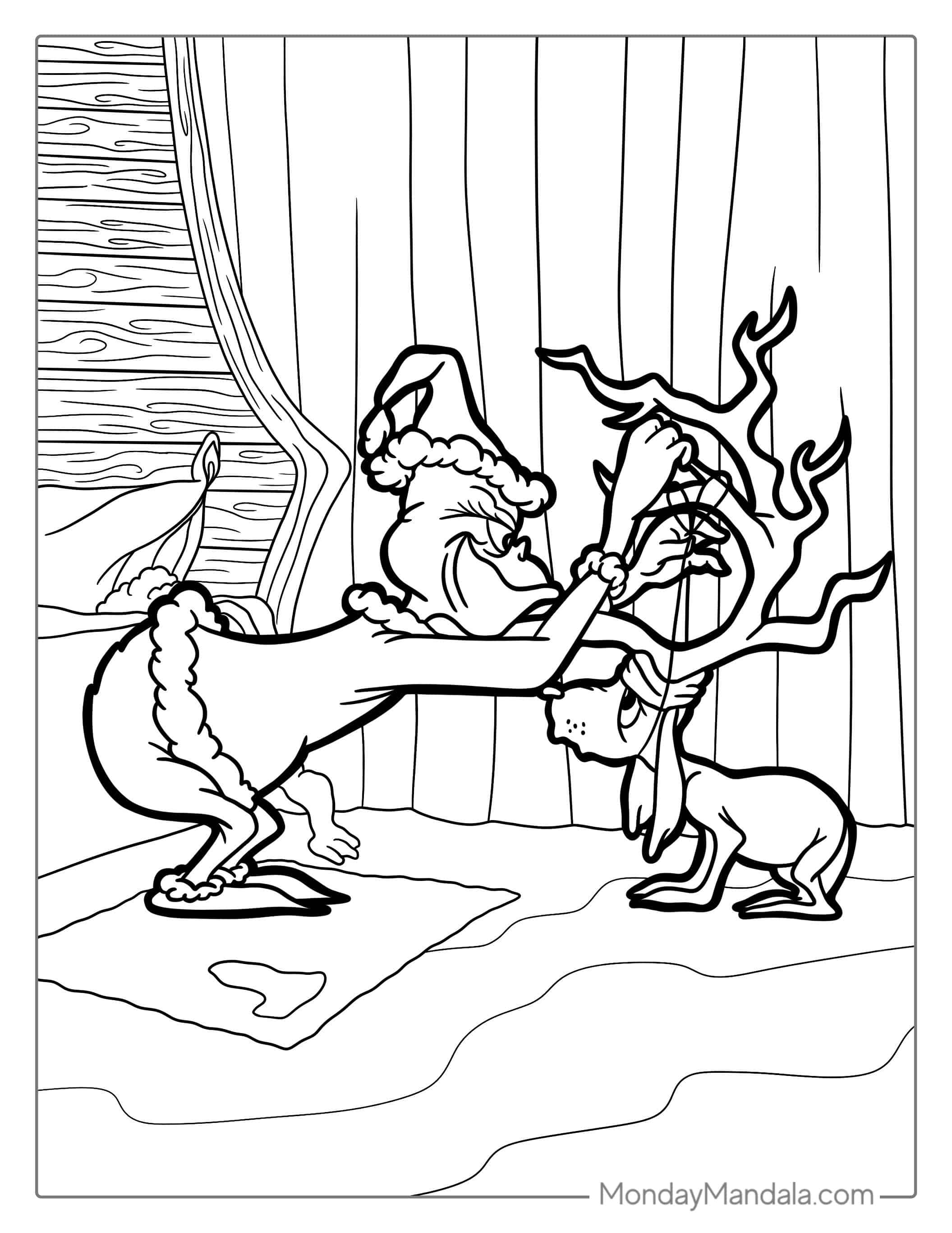 The Grinch Putting Antlers On Max Coloring Page coloring page — printable line art