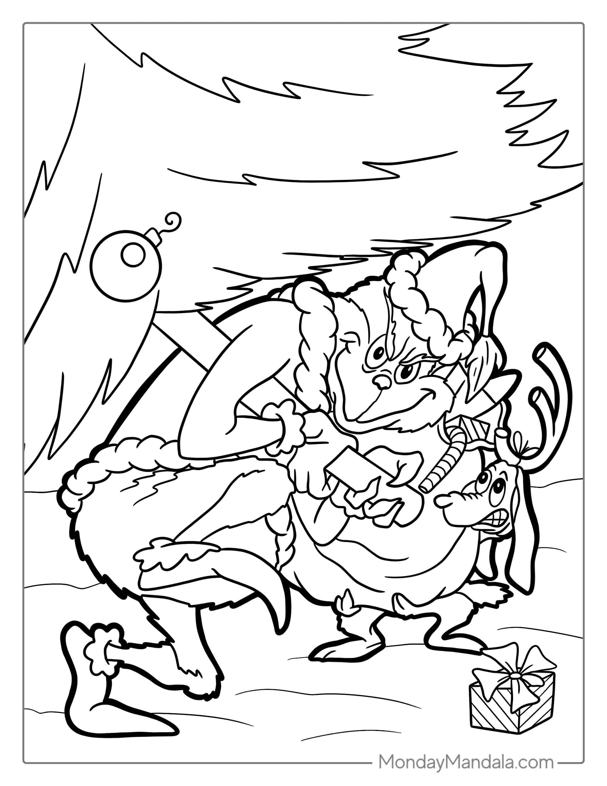 The Grinch Stealing Christmas Tree Coloring Sheet coloring page