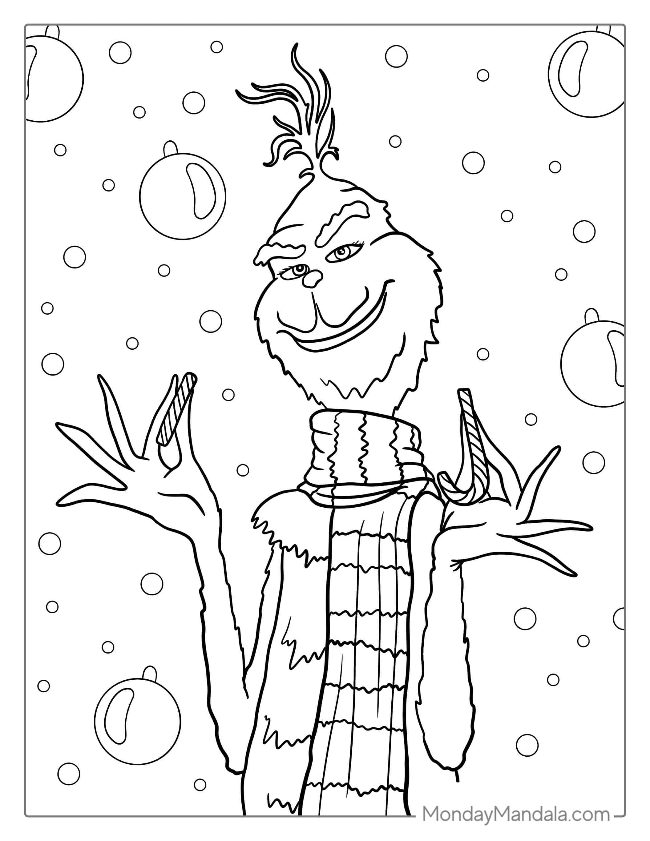 The Grinch Wearing Scarf And Holding Candy Canes coloring page