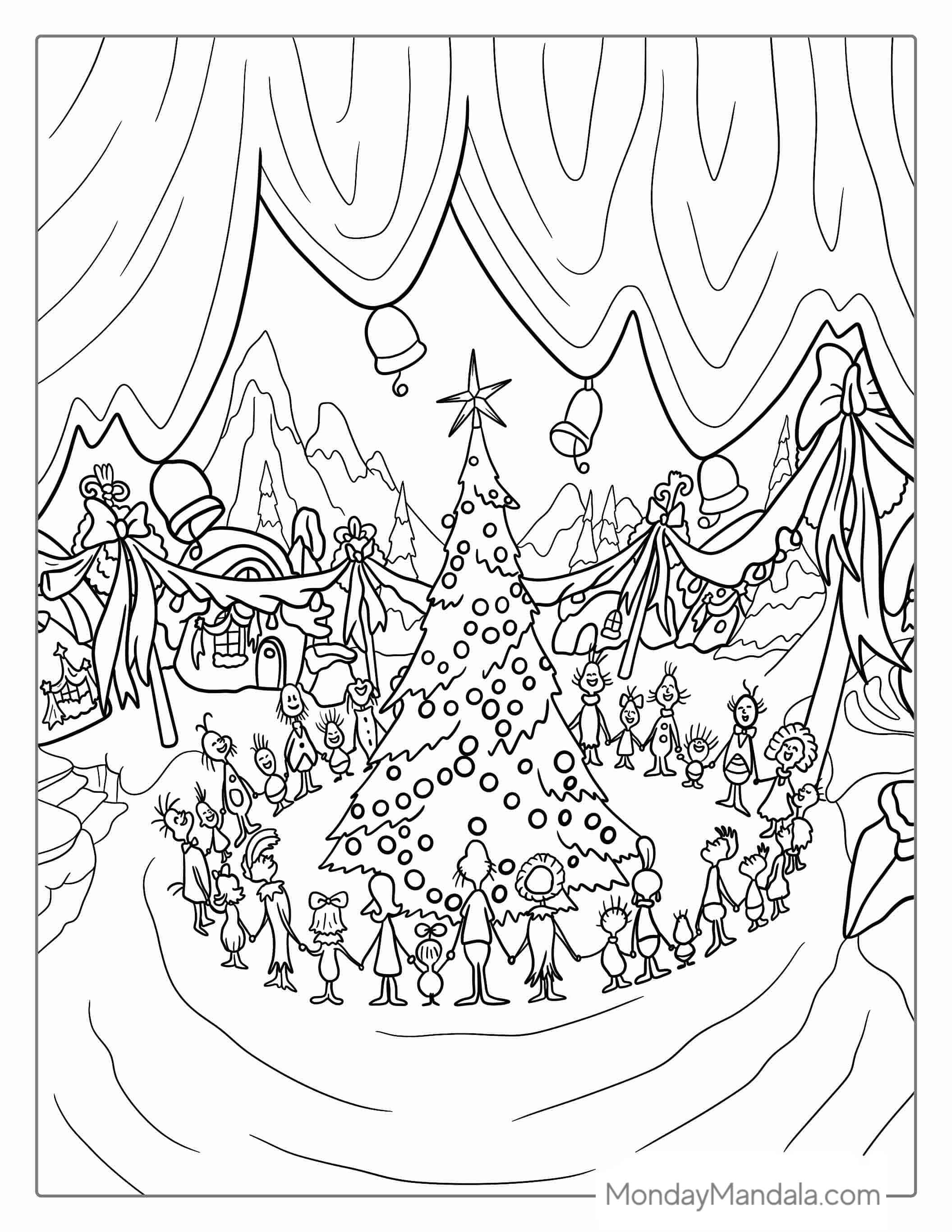 The Whos Singing Carrols Around a Christmas Tree coloring page — printable line art