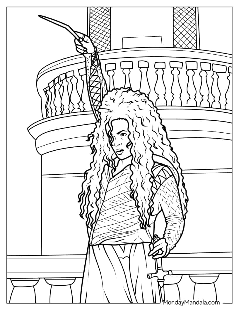 Bellatrix Lestrange Casting Spell Coloring Sheet coloring page — printable line art