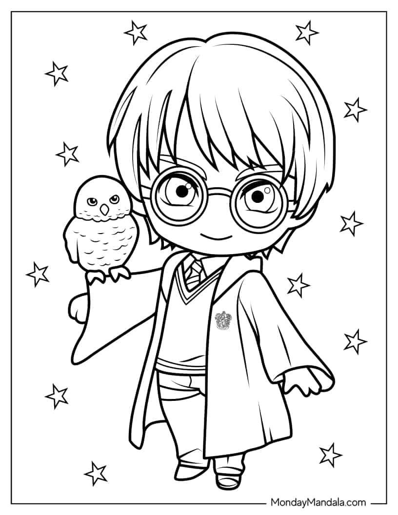 Chibi Harry Potter with Hedwig Coloring In For Kids coloring page — printable line art
