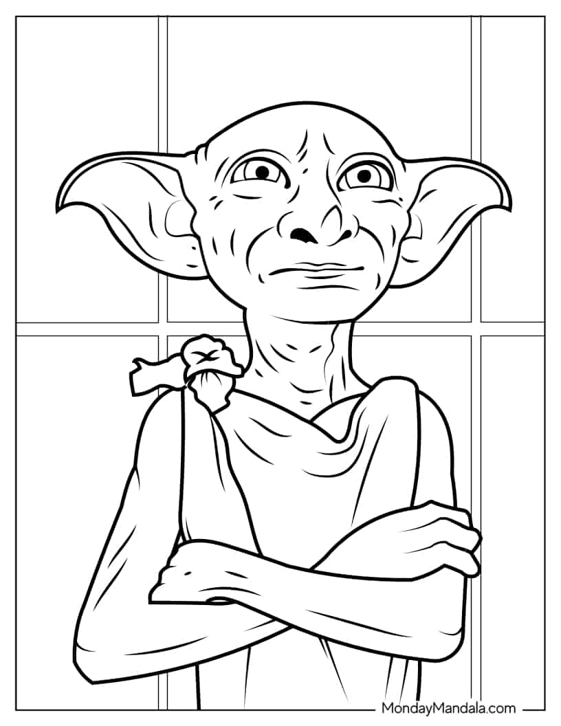 Close Up Of Sad Dobby With Arms Crossed coloring page — printable line art