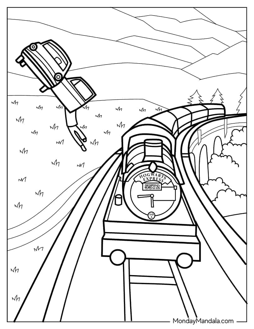 Coloring Page Of Flying Car Beside Hogwarts Express coloring page — printable line art