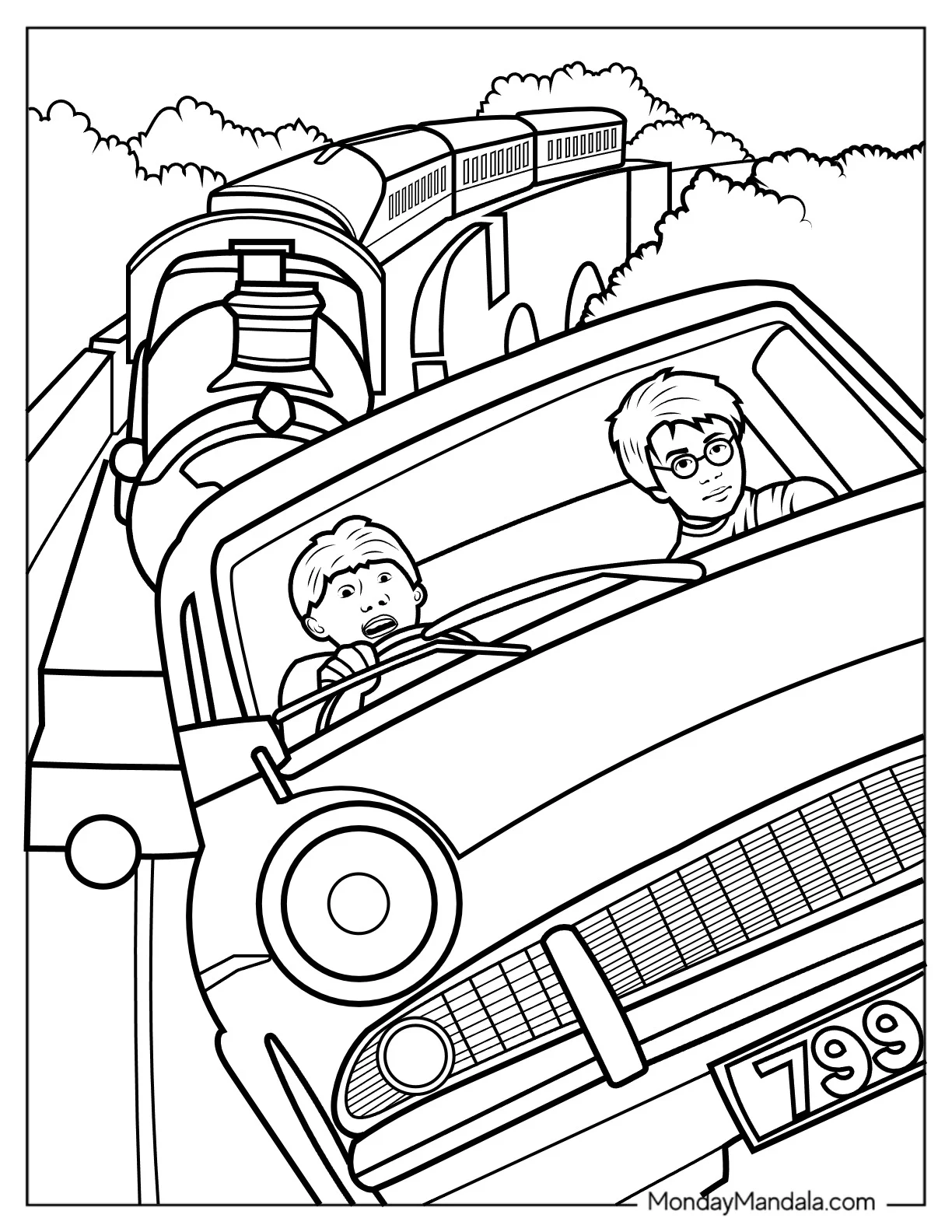 Coloring Page Of Ron And Harry In Flying Car coloring page — printable line art