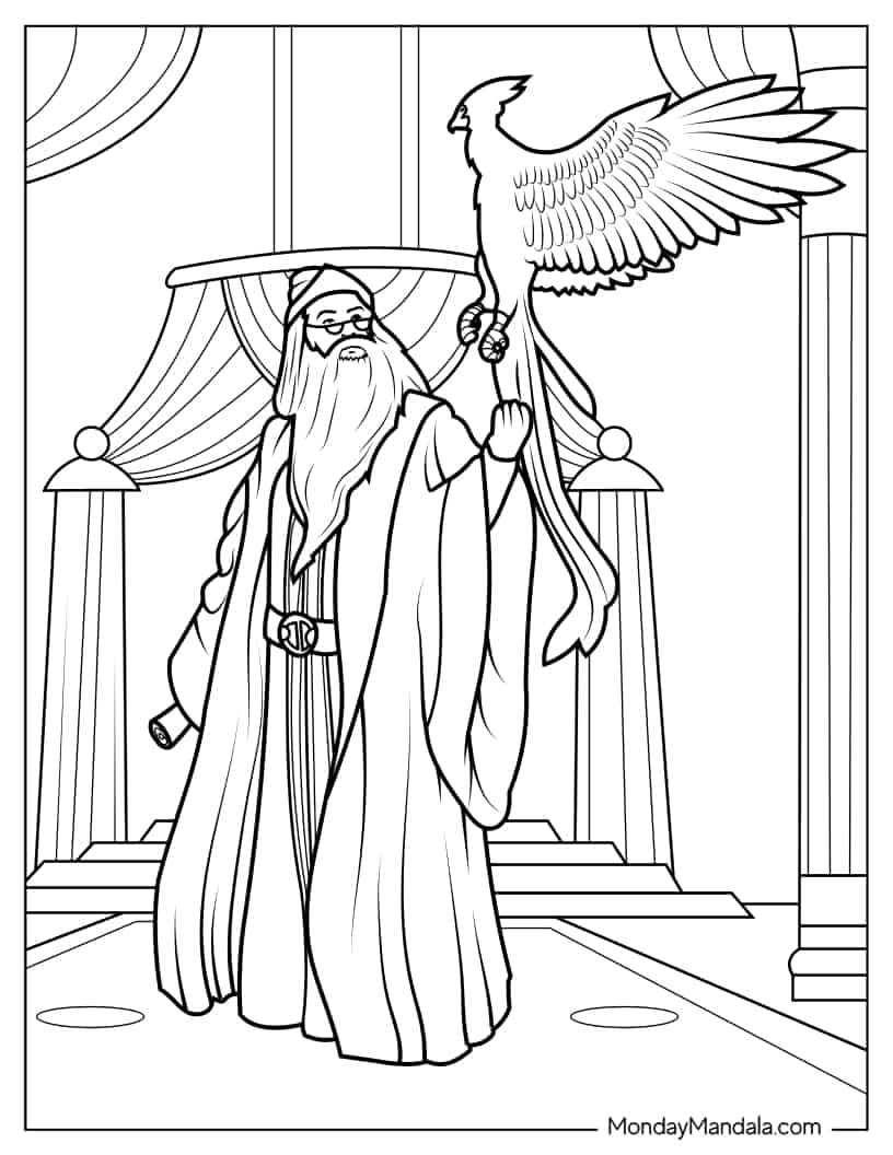 Outline Of Albus Dumbledore Holding Phoenix coloring page — printable line art