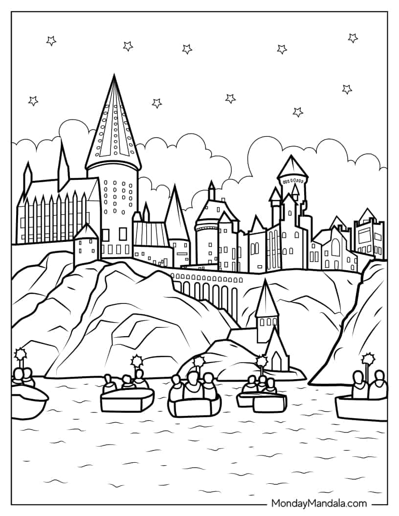 Outline Of Hogwarts Castle And The Great Lake coloring page — printable line art