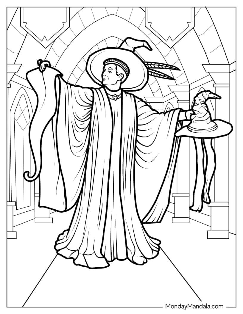 Professor McGonagall Holding Sorting Hat And Scroll coloring page — printable line art