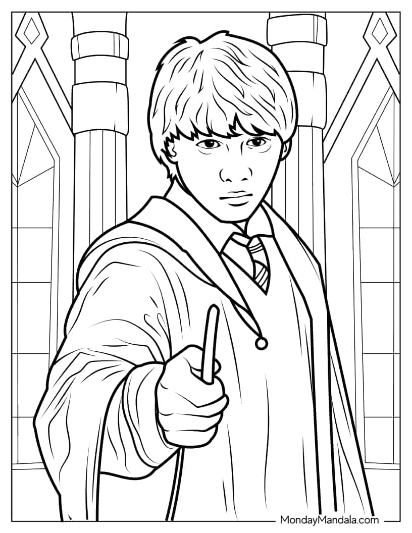 Ron Weasley With Wand Coloring Page coloring page — printable line art