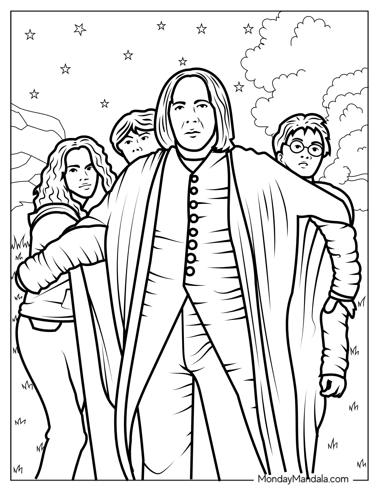 Severus Snape Protecting Harry, Ron, And Hermione coloring page