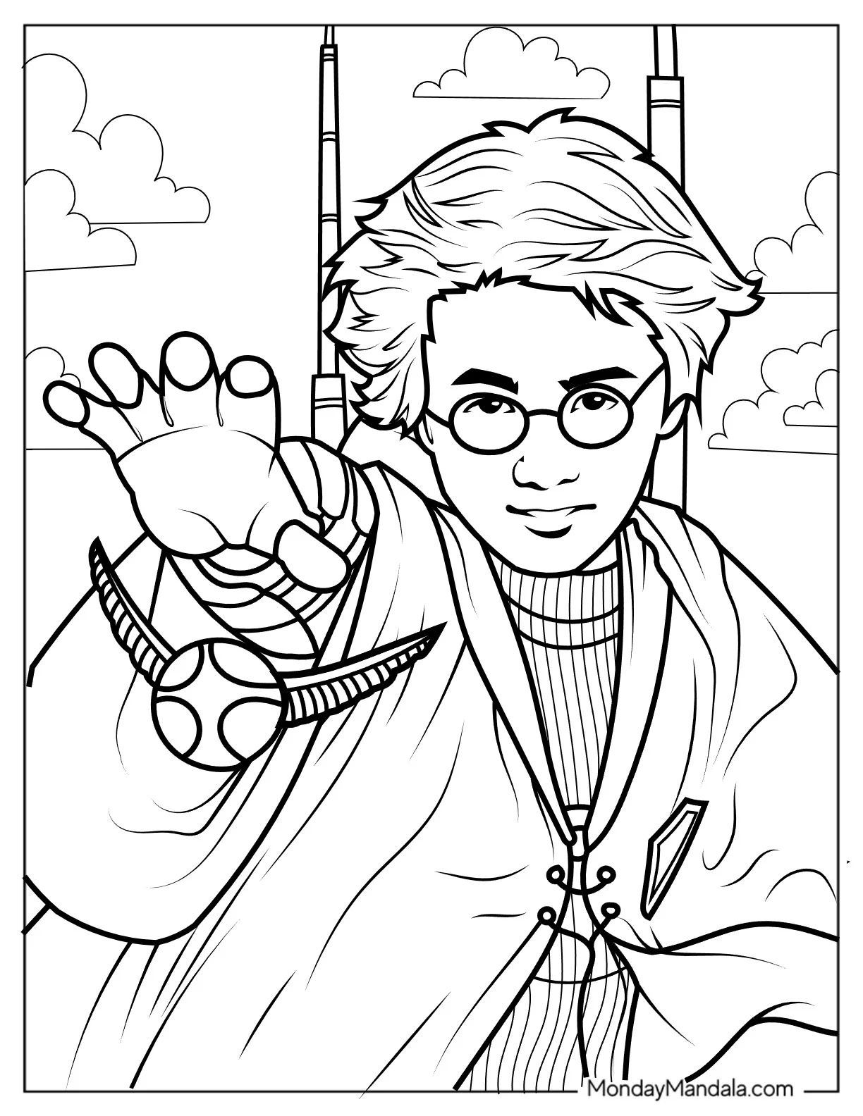 Young Harry Potter Catching The Golden Snitch Coloring Page coloring page