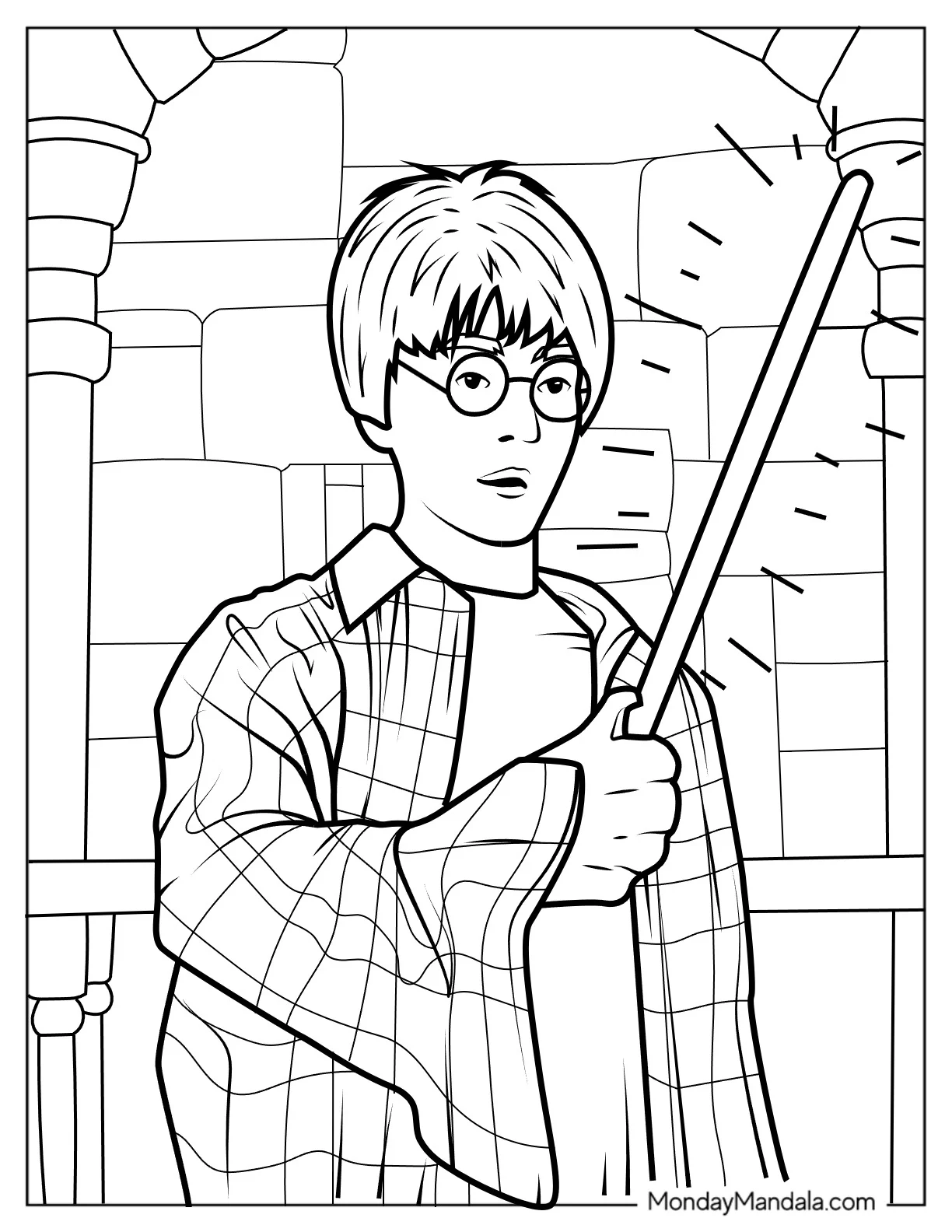 Young Harry Potter Holding Wand Coloring Page For Kids coloring page