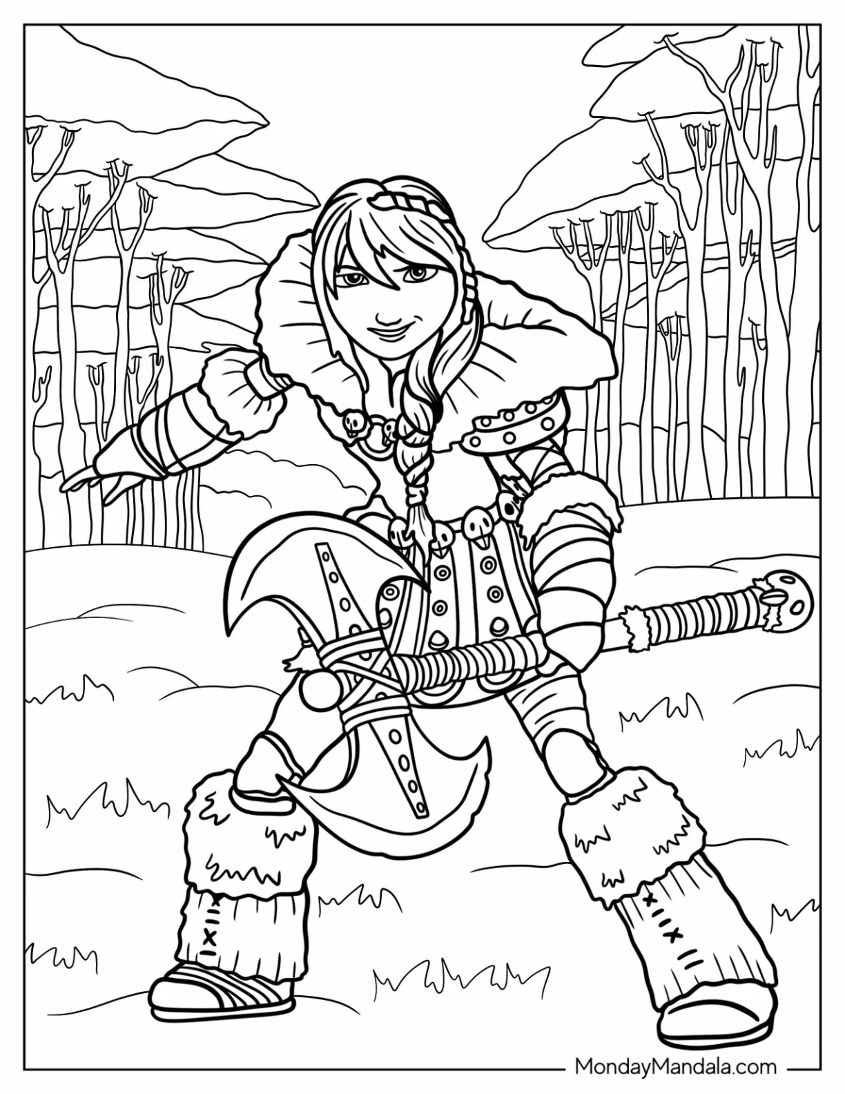 How To Train Your Dragon Coloring Page of Adult Astrid Holding Axe coloring page — printable line art