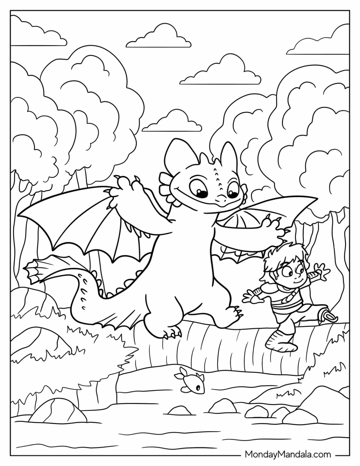 How To Train Your Dragon Coloring Page of Baby Toothless With Baby Hiccup For Kids coloring page — printable line art