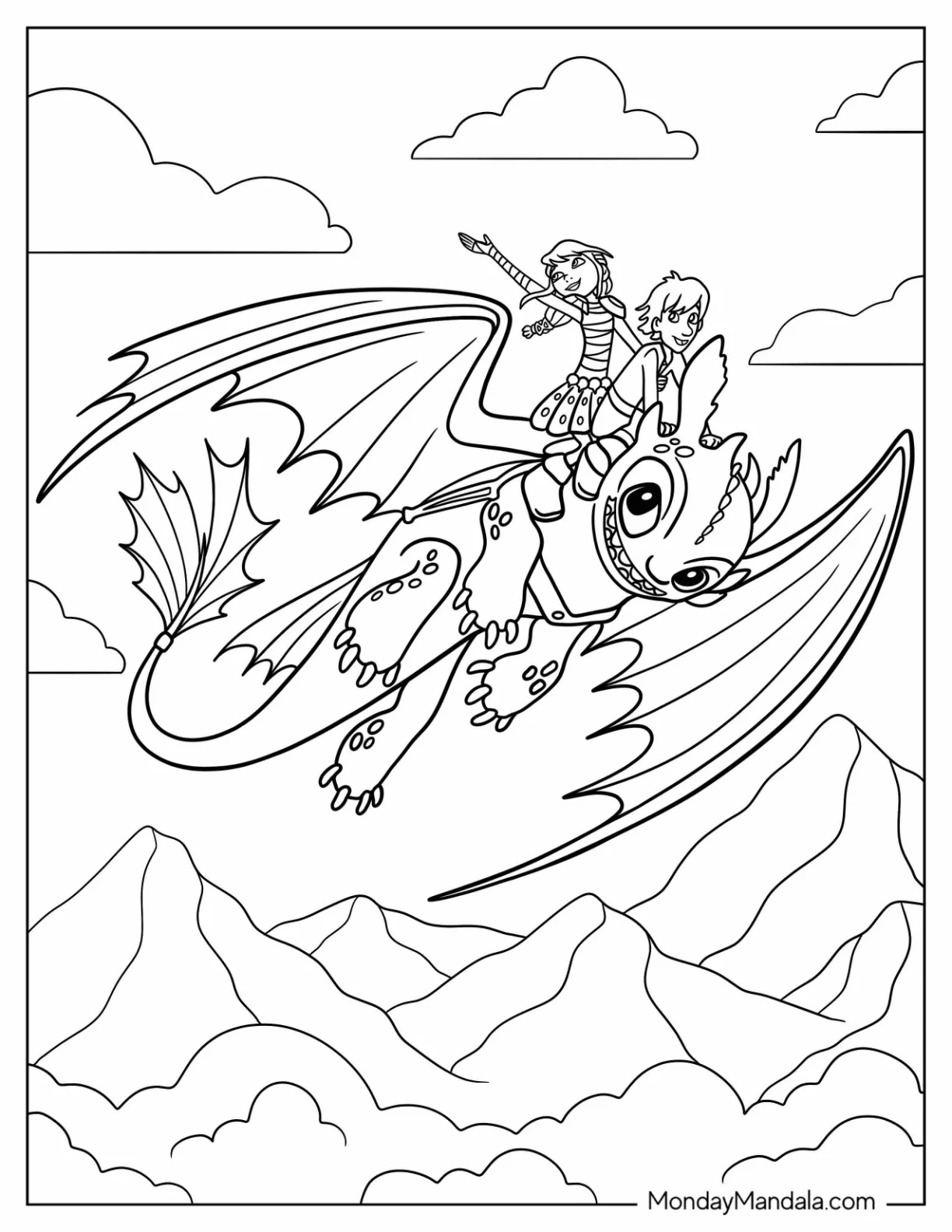 How To Train Your Dragon Coloring Page of Hiccup And Astrid Riding Toothless coloring page