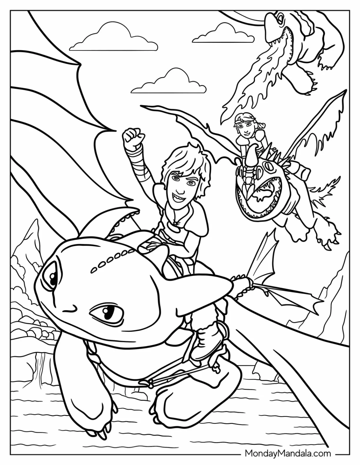 How To Train Your Dragon Coloring Page Of Hiccup And Astrid With Toothless And Stormfly coloring page