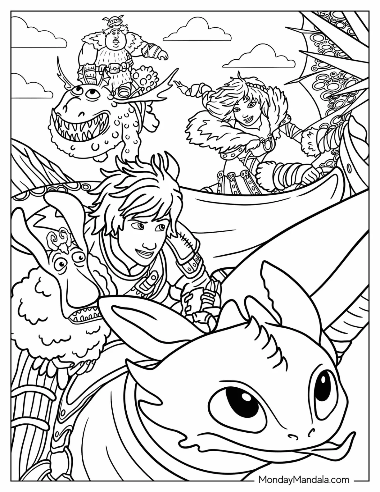 How To Train Your Dragon Coloring Page Of Hiccup, Astrid, And Friends In The Sky coloring page