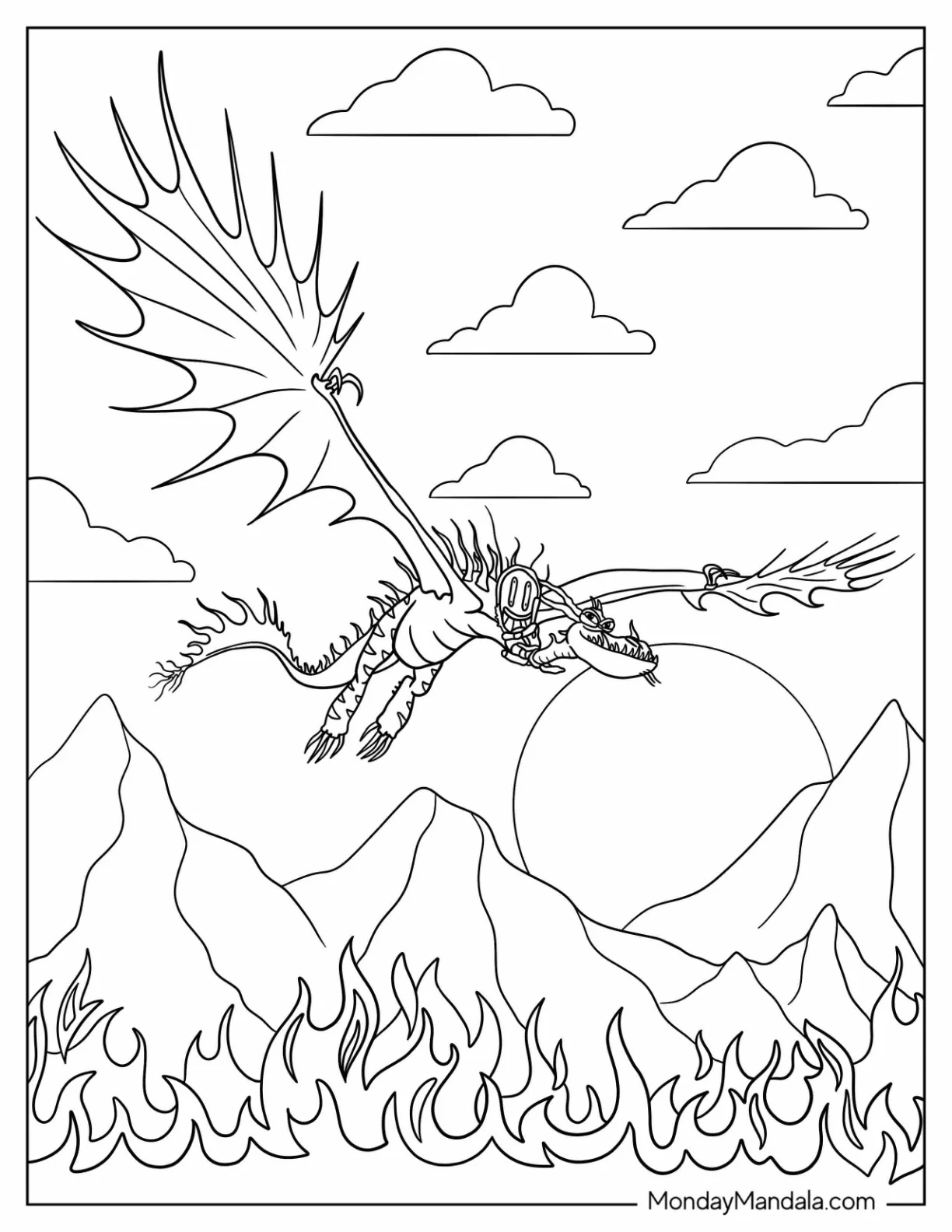 How To Train Your Dragon Coloring Page of Hookfang Flying Over Flames coloring page