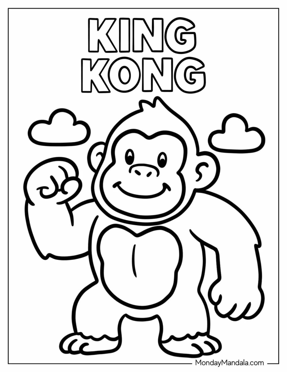 Adorable King Kong Coloring Page with Clouds and Text for Preschoolers coloring page