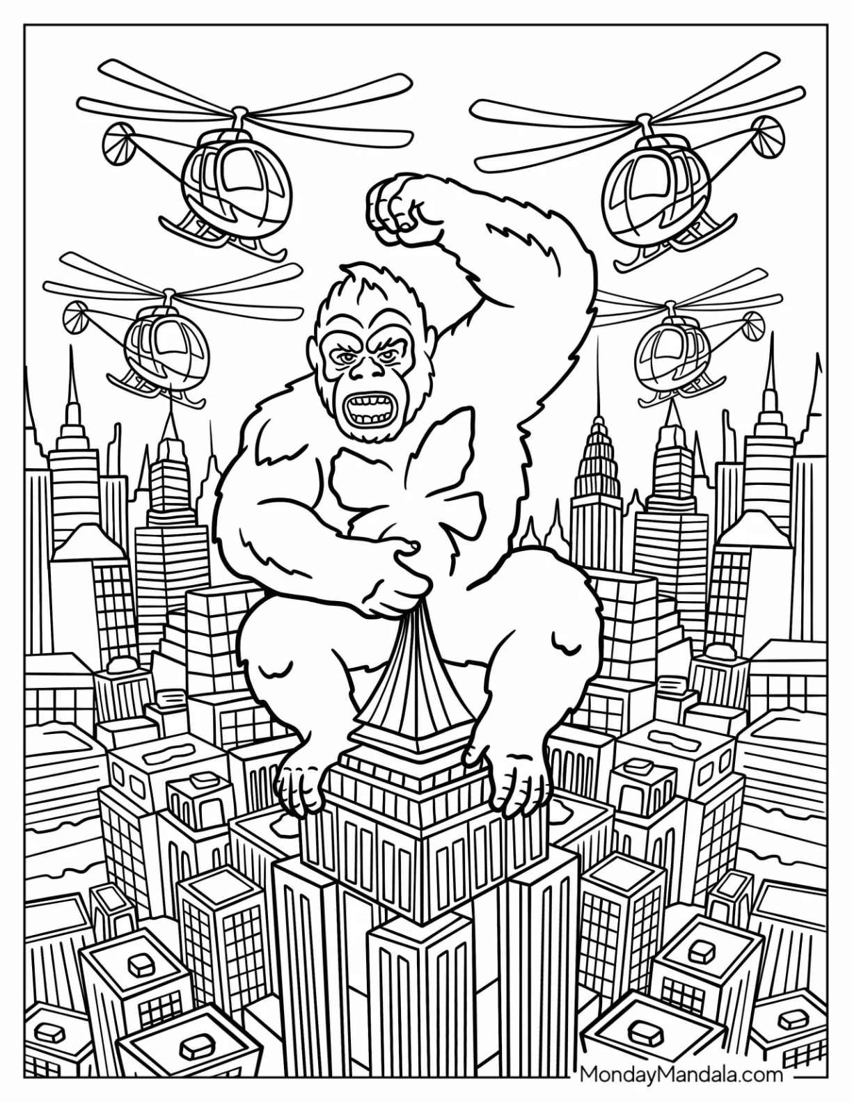 Angry King Kong Coloring Page On Top of a Tower Fighting Helicopters coloring page