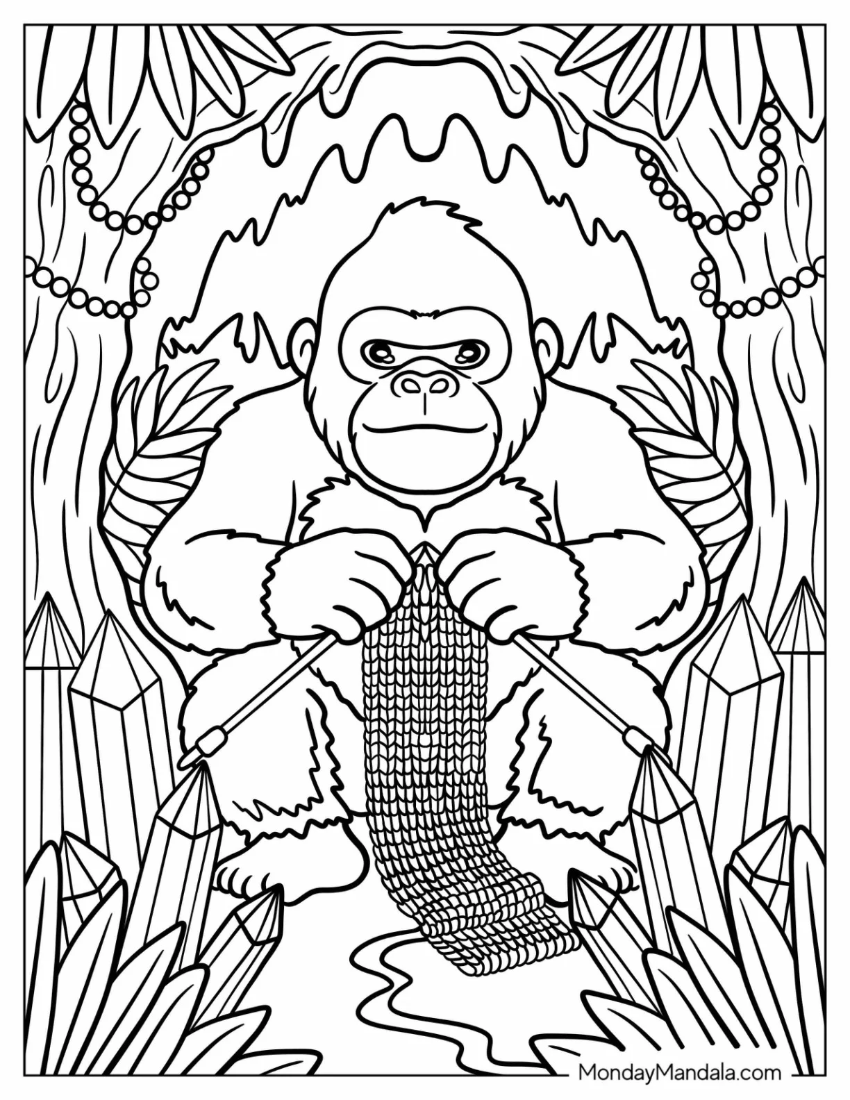 Cute King Kong Coloring Page Knitting in a Forest with Crystals for Kids coloring page