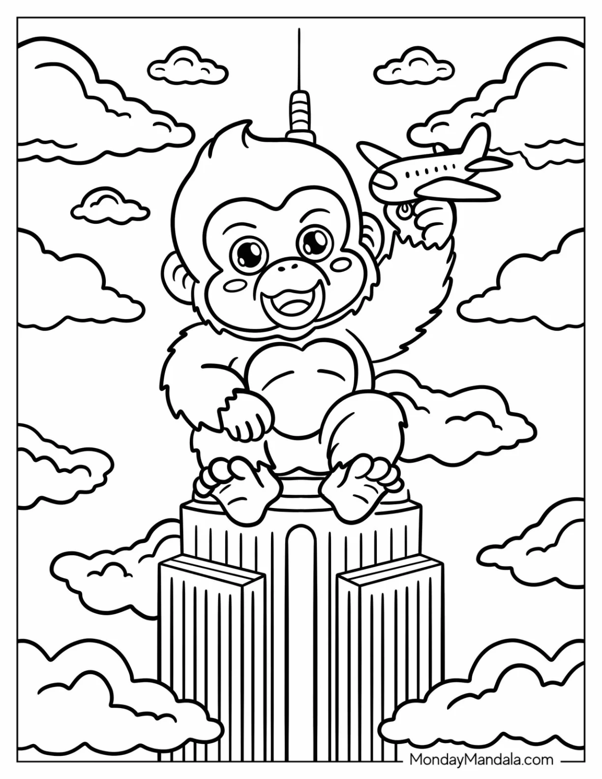 Kawaii Baby King Kong Coloring Page Sitting on the Empire State Building While Playing with Airplane coloring page