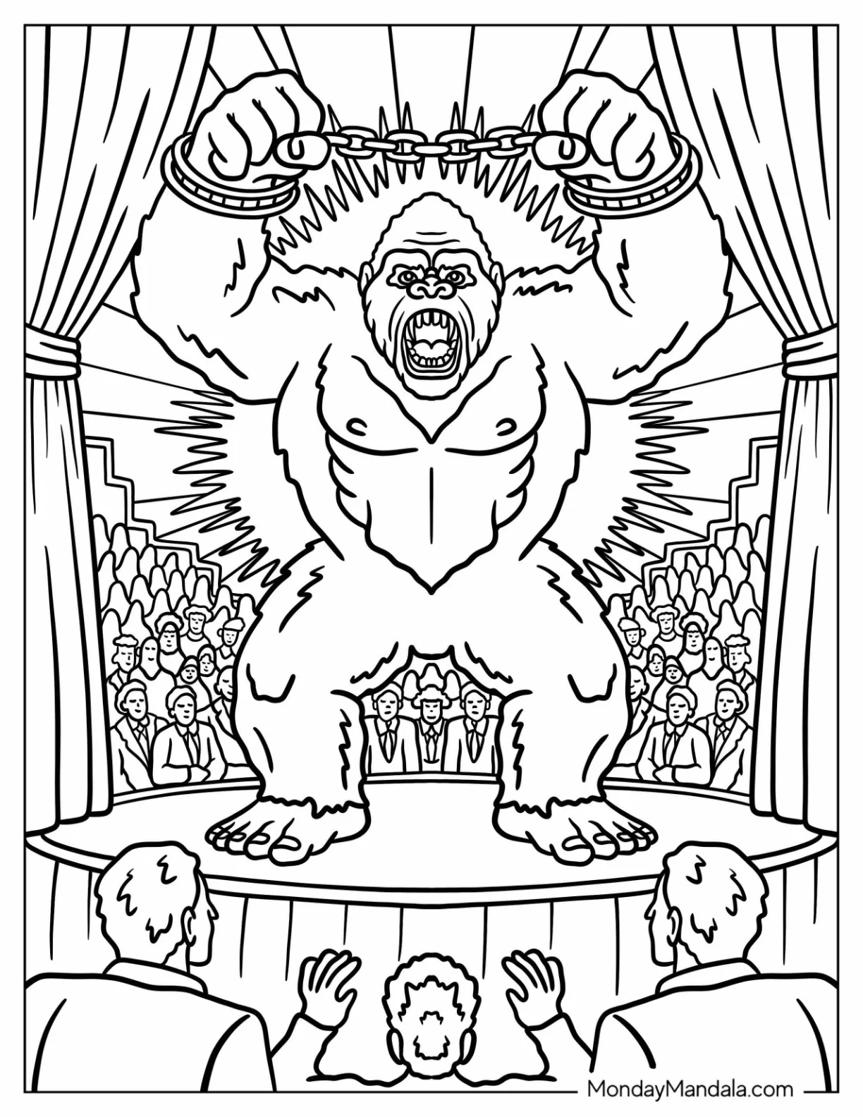 King Kong Coloring Page Breaking Chains in Front of Crowd coloring page