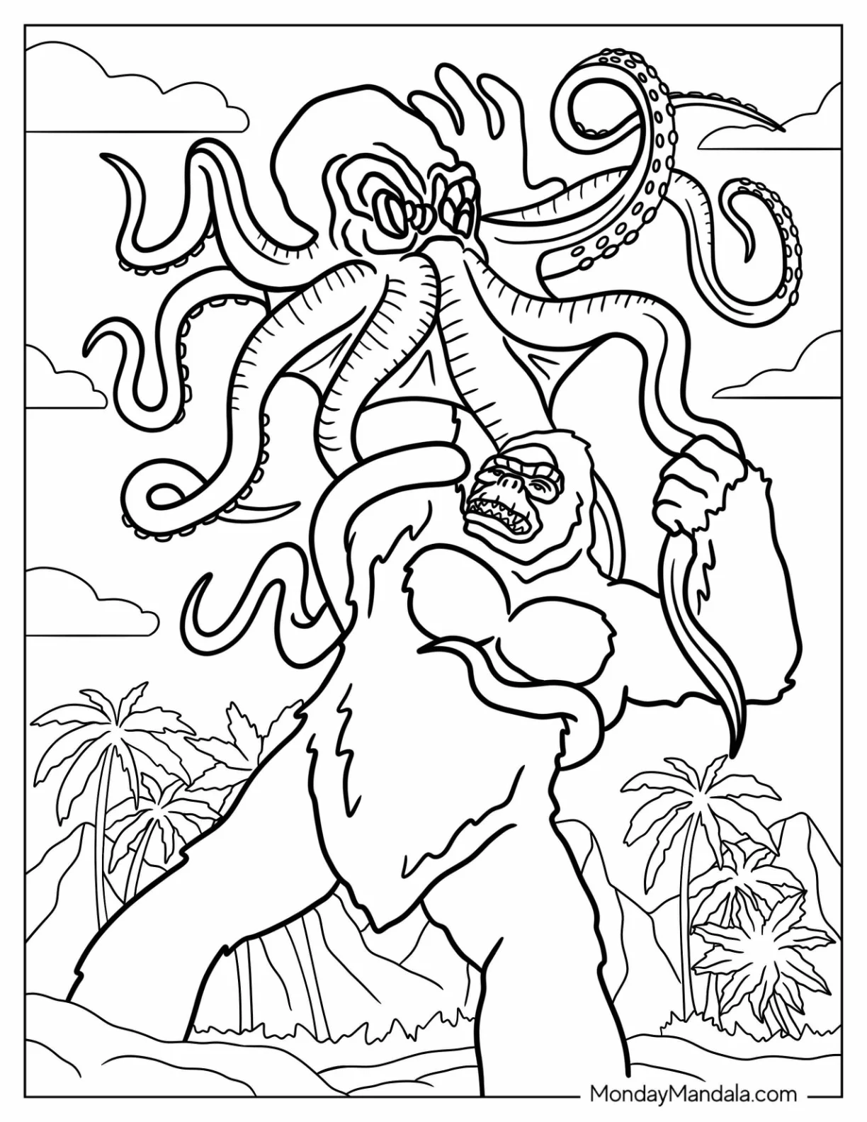 King Kong Coloring Page Fighting Monster squid coloring page