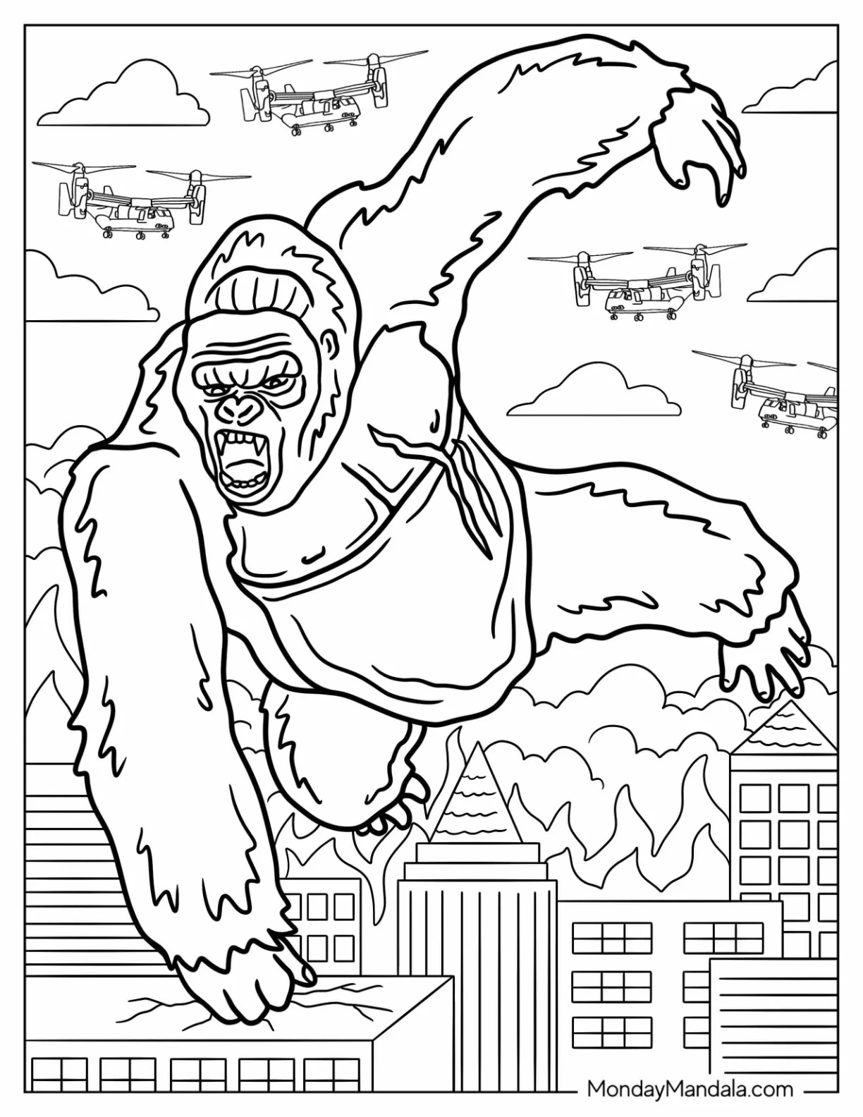 King Kong Coloring Page Leaping Over Building coloring page