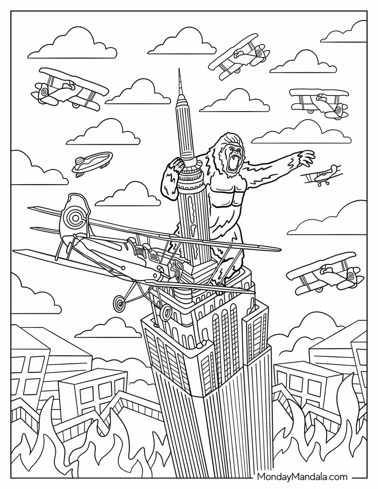 King Kong Coloring Page On Empire State Building Fighting Airplanes coloring page