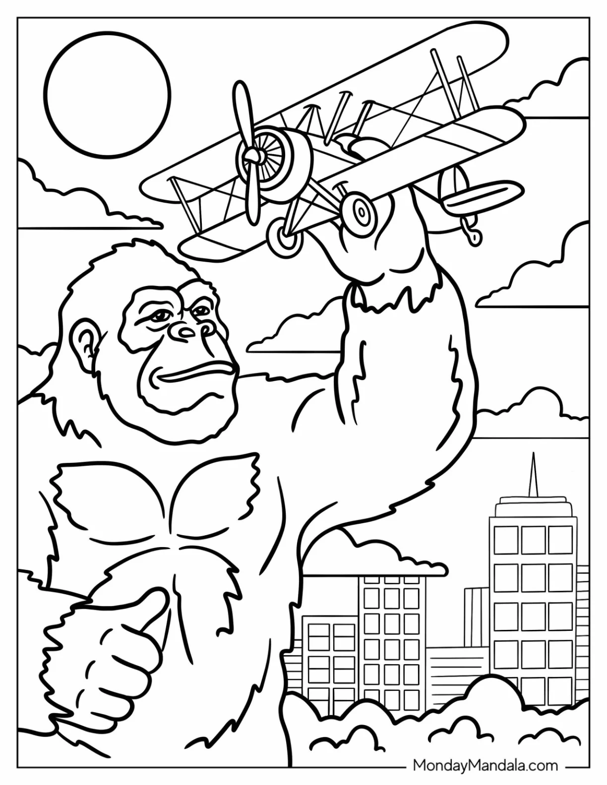 King Kong Coloring Page Playing with Real Airplane in the City coloring page