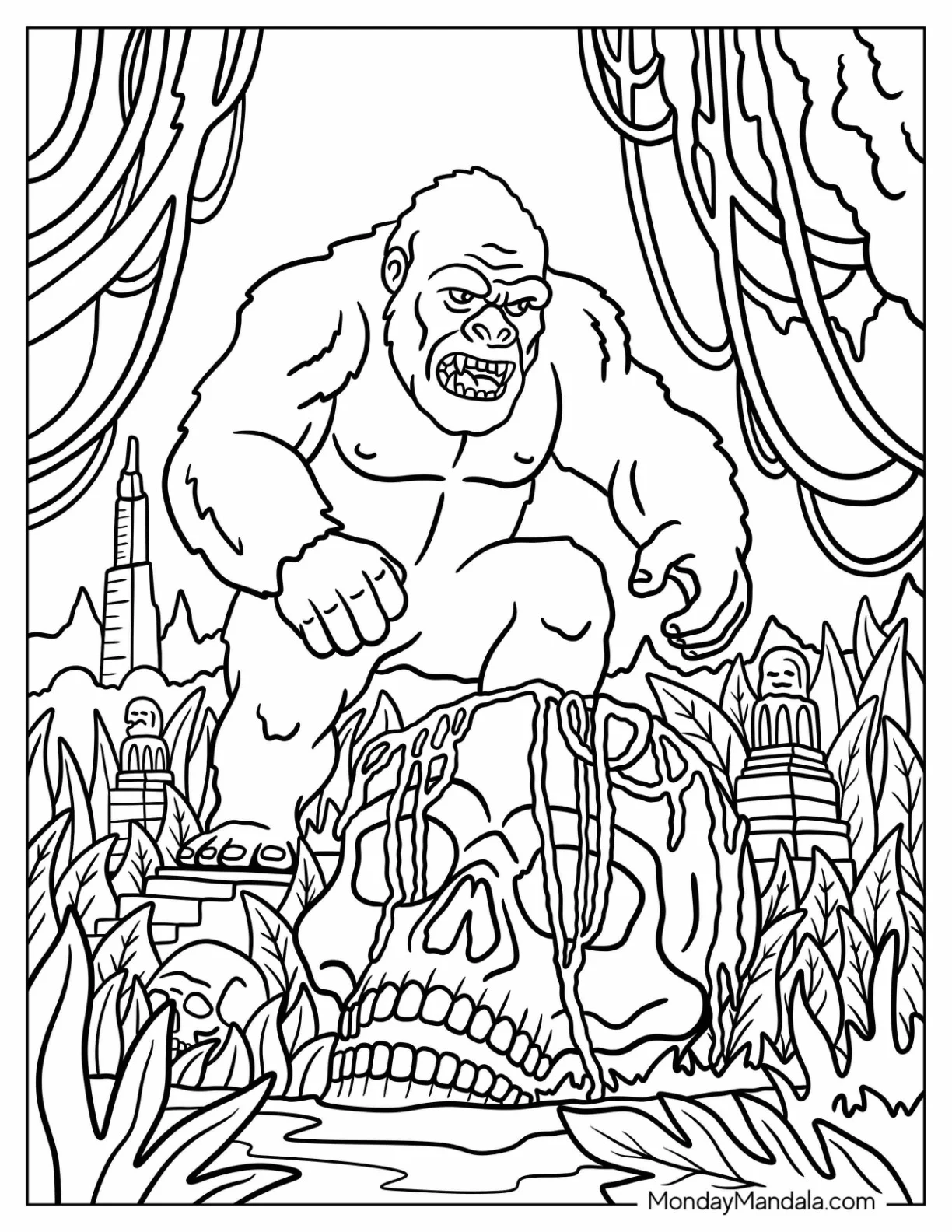 King Kong Coloring Page Stepping on Giant Skulls in Forest coloring page