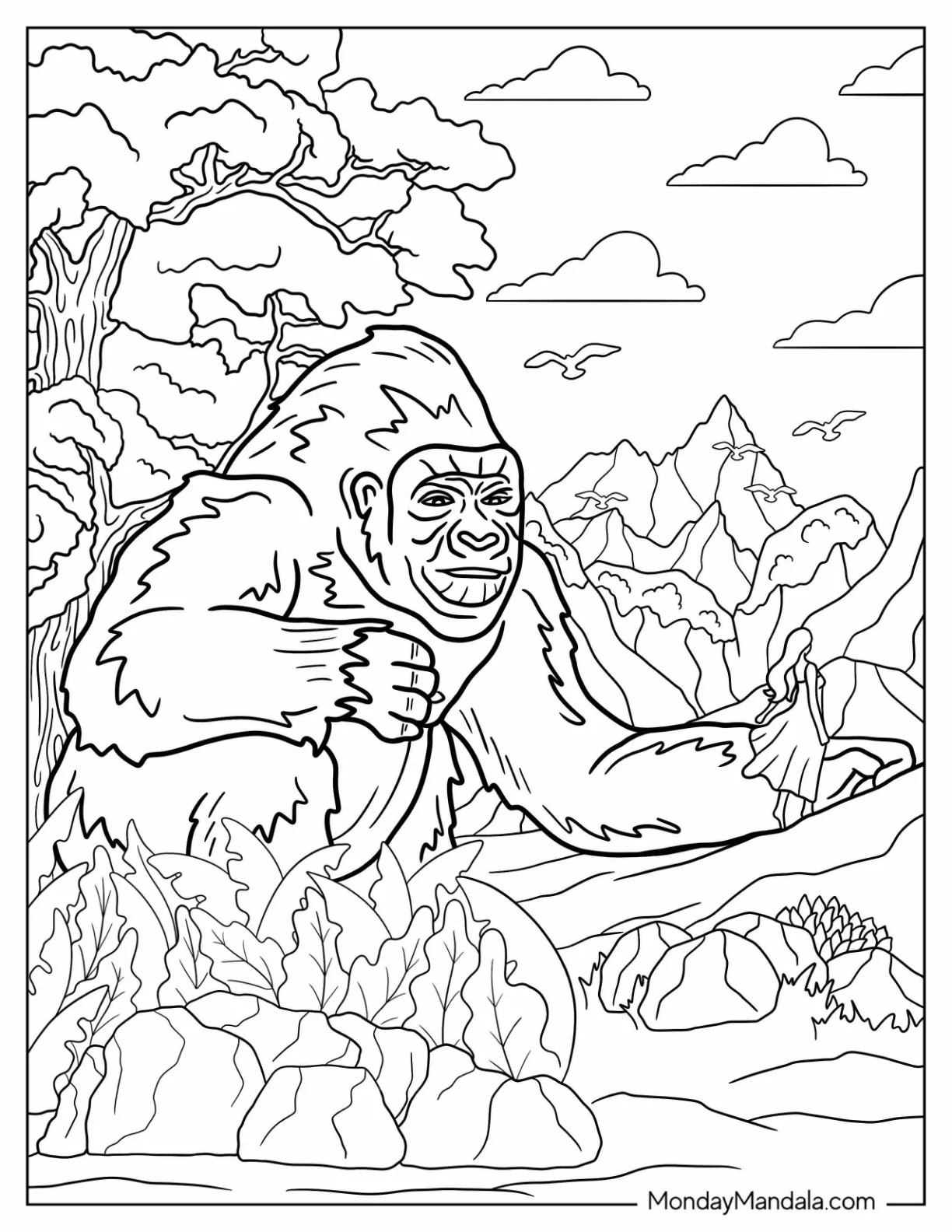 King Kong Coloring Page Watching Over Woman In The Jungle coloring page